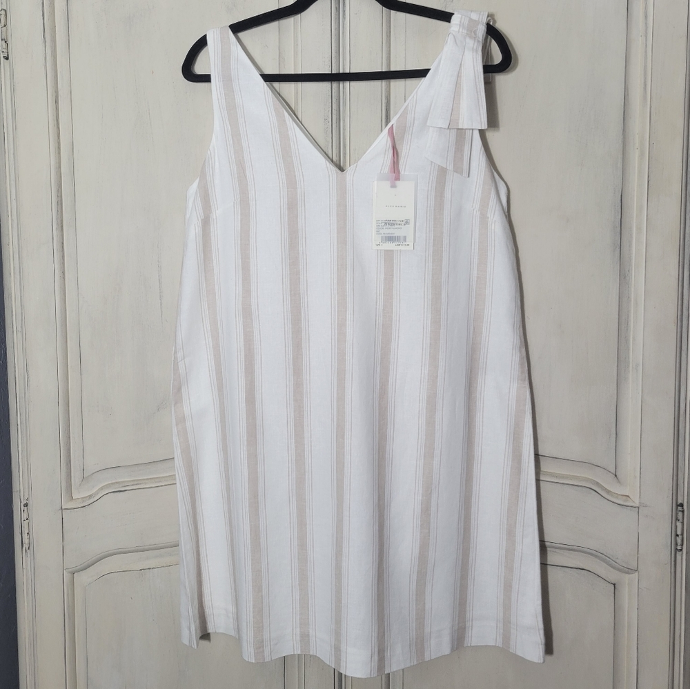 NWT Alex Marie Elena Stripe Linen Blend Neutral Sleeveless Bow Shift Dress *sz S